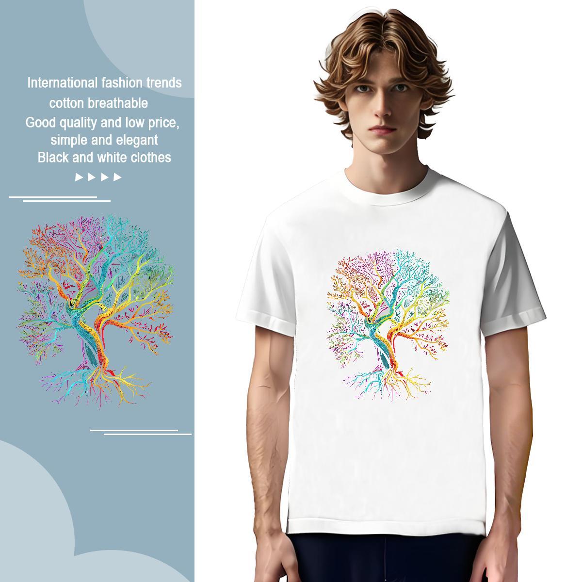 T Shirt For Man 100% Cotton 230g tree Casual Daily Wear Short Sleeve Soft Floral Print Men Tops Tees Brand Cool Tee Shirt