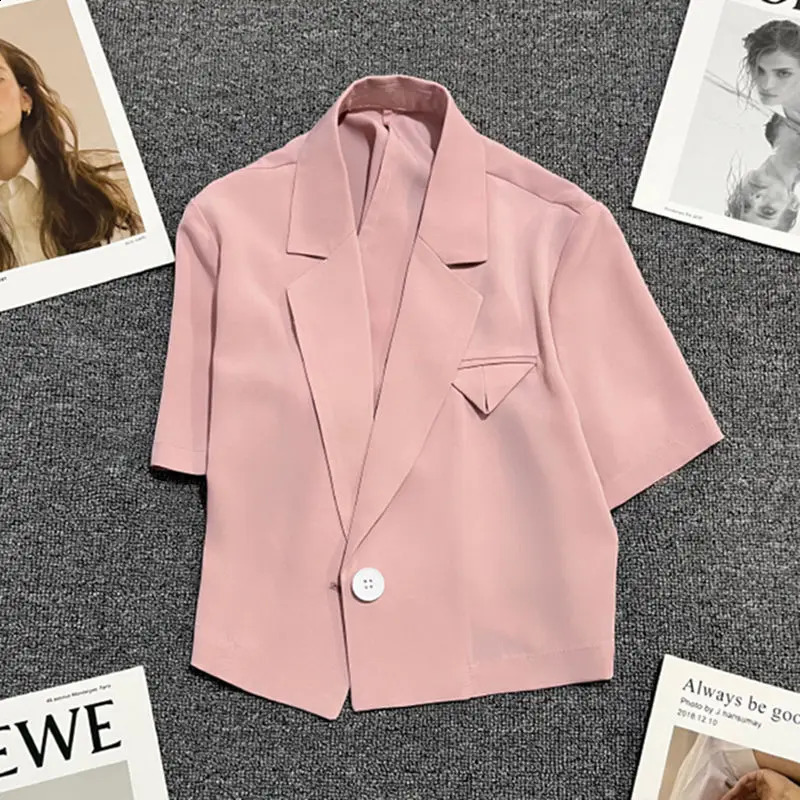 Korean Fashion Versatile Summer Womens Notched Solid Single Button Simplicity Office Lady Loose Short Sleeve Blazers Tops 240812