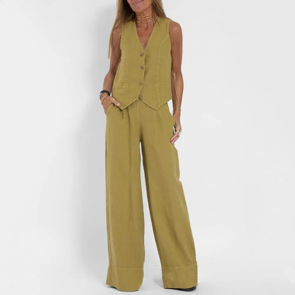 Women Suit Cotton Linen Vest Wide Leg Pants Two Piece Set Women Sleeveless Tank Top Matching High Waist Wide Pants Set 240813