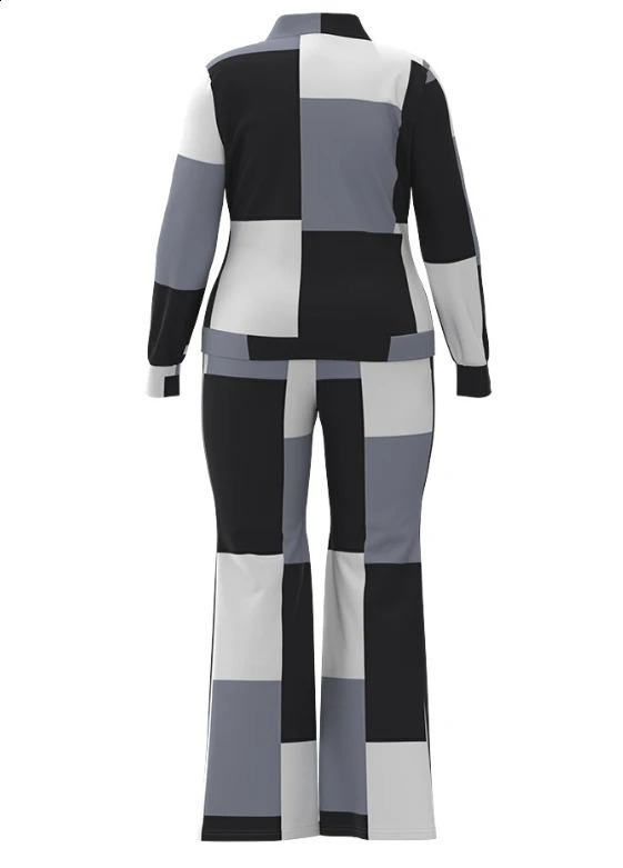 Two Piece Set Women Outfit Autumn Fashion Geometric Print Stand Collar Long Sleeve Zip Up Top Casual Sporty Pants Set 240813