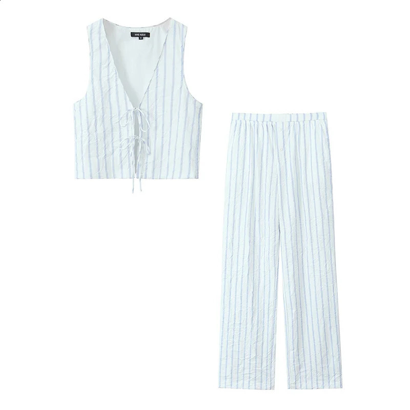 Willshela Women Fashion Two Piece Set Striped Tank Tops Straight Leg Pants Vintage V-Neck Lace Up Female Chic Pants Suit 240813