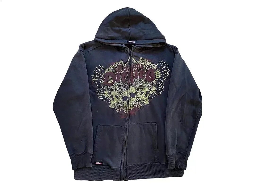 Y2k Vintage Gothic Fashion Skull Print Zip Up Hoodies Autumn Winter Hip Hop Long Sleeve Coats Loose Hooded Sweatshirt Women 240813