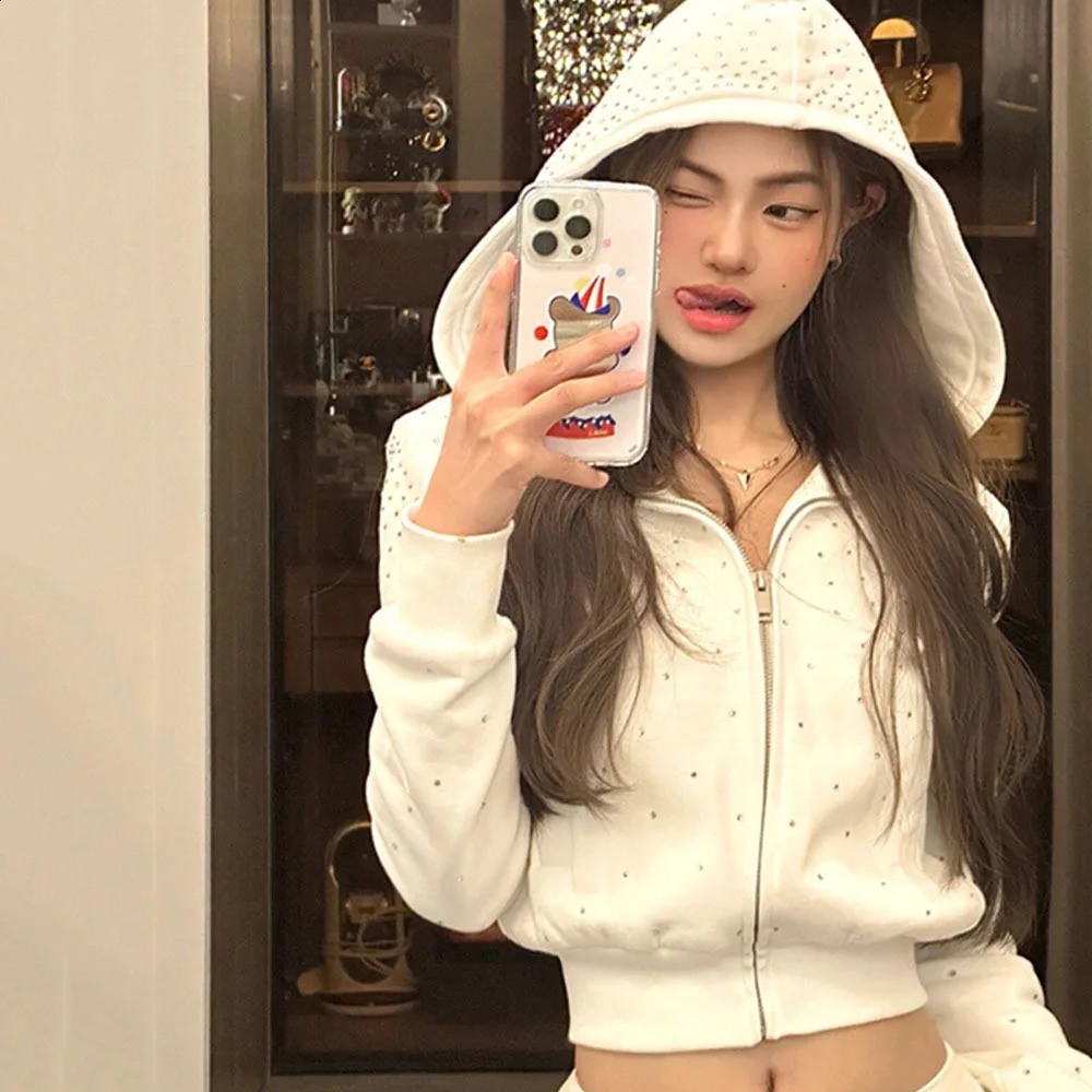 Womens White Zip Sweatshirt Cardigan Fashion Diamonds Jacket High Waist Hoodies Coats Long Sleeve Female Casual Crop Tops 240812