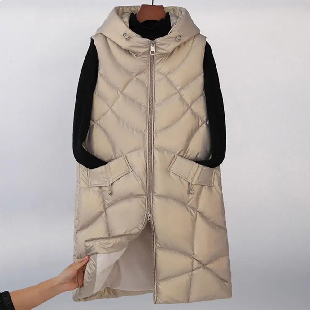 Women Winter Vest Stand Collar Mid Length Sleeveless Hooded Cotton Vest Slim Fit Keep Warm Padded Zipper Winter Cotton Coat 240813