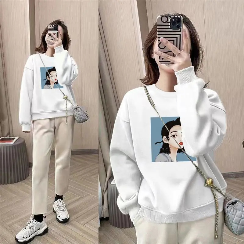 Autumn and Winter Womens Crew Neck Long Sleeved Printed Loose Pullovers Korean All Match Fashion Casual Office Lady Tops 240812