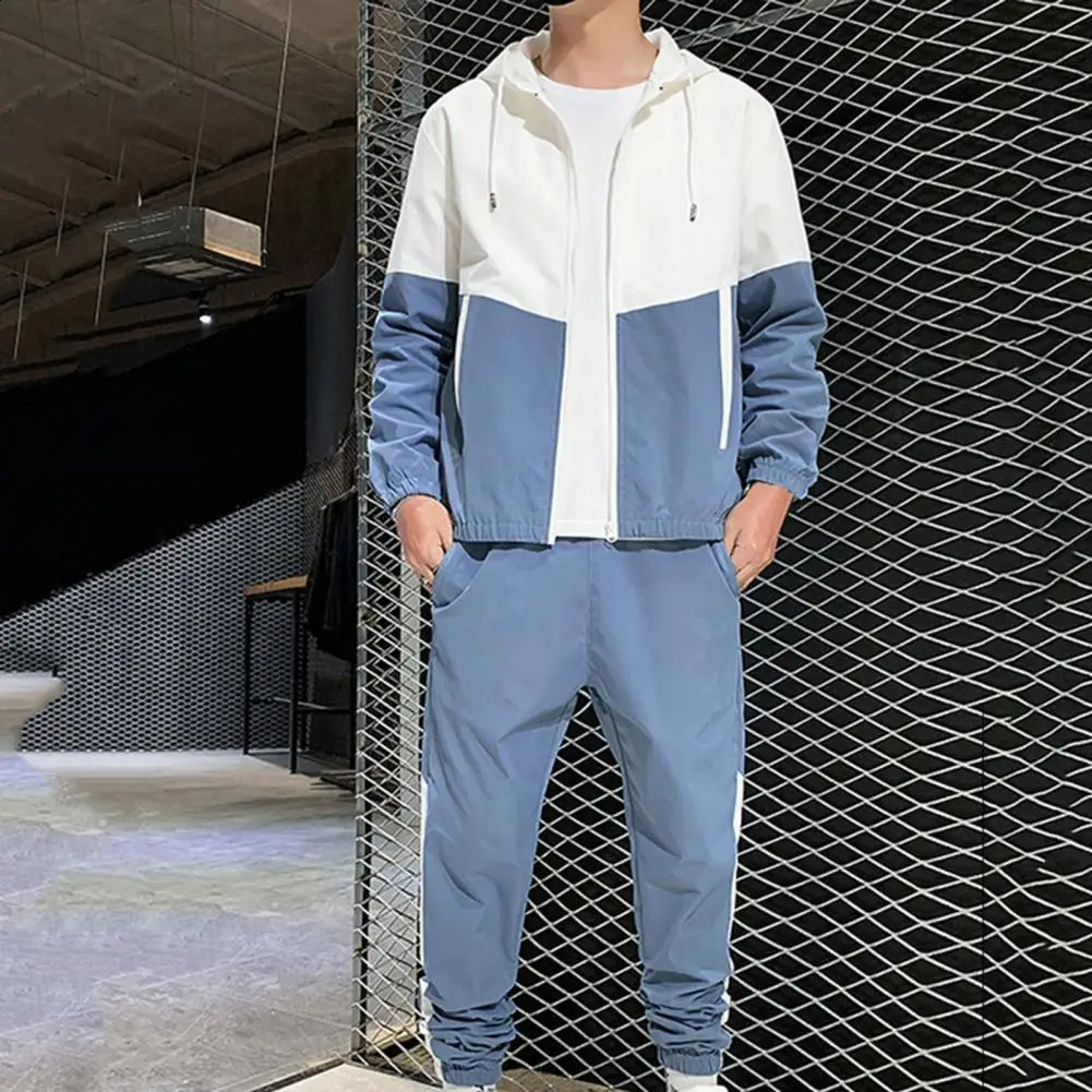 2pcsSet Mens Sets Zipper Hooded Cardigan Coat Long Pants Two-piece Set Men Tracksuits conjuntos masculinos 240813
