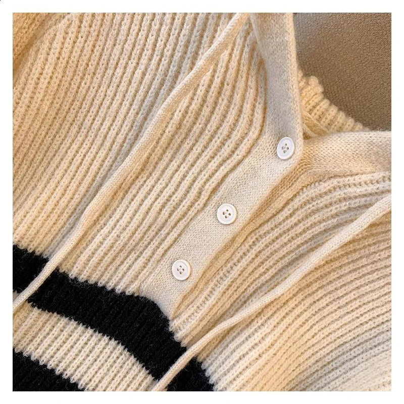 Women Clothing Autumn Winter Trendy Button Striped Hooded Knitted Sweater Casual Streetwear Loose Long Sleeve Pullover Tops 240812