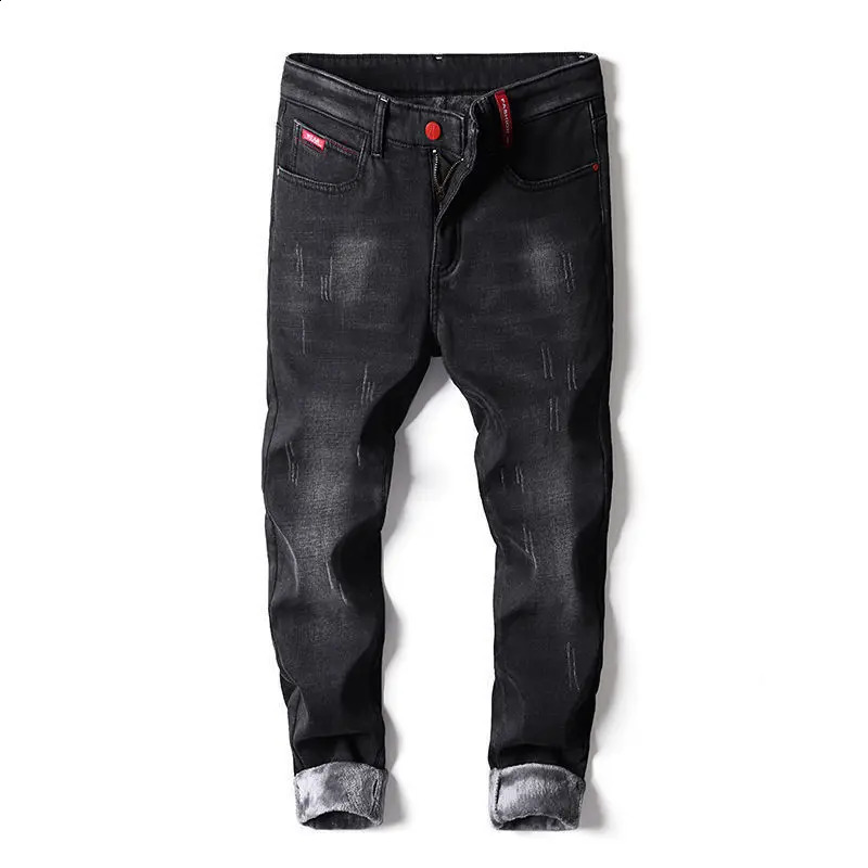 Warm Fleece Pants Winter Man Cowboy Thermal Lined Black Korean Fashion Slim Thicken Plush Wool Boot Cut Jeans Men 240812