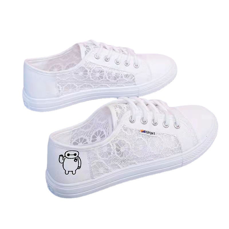 Ddmysports Summer New Lace Breathable White Women S Korean Edition Student Mesh Canvas Flat Plate Shoes Outdoor