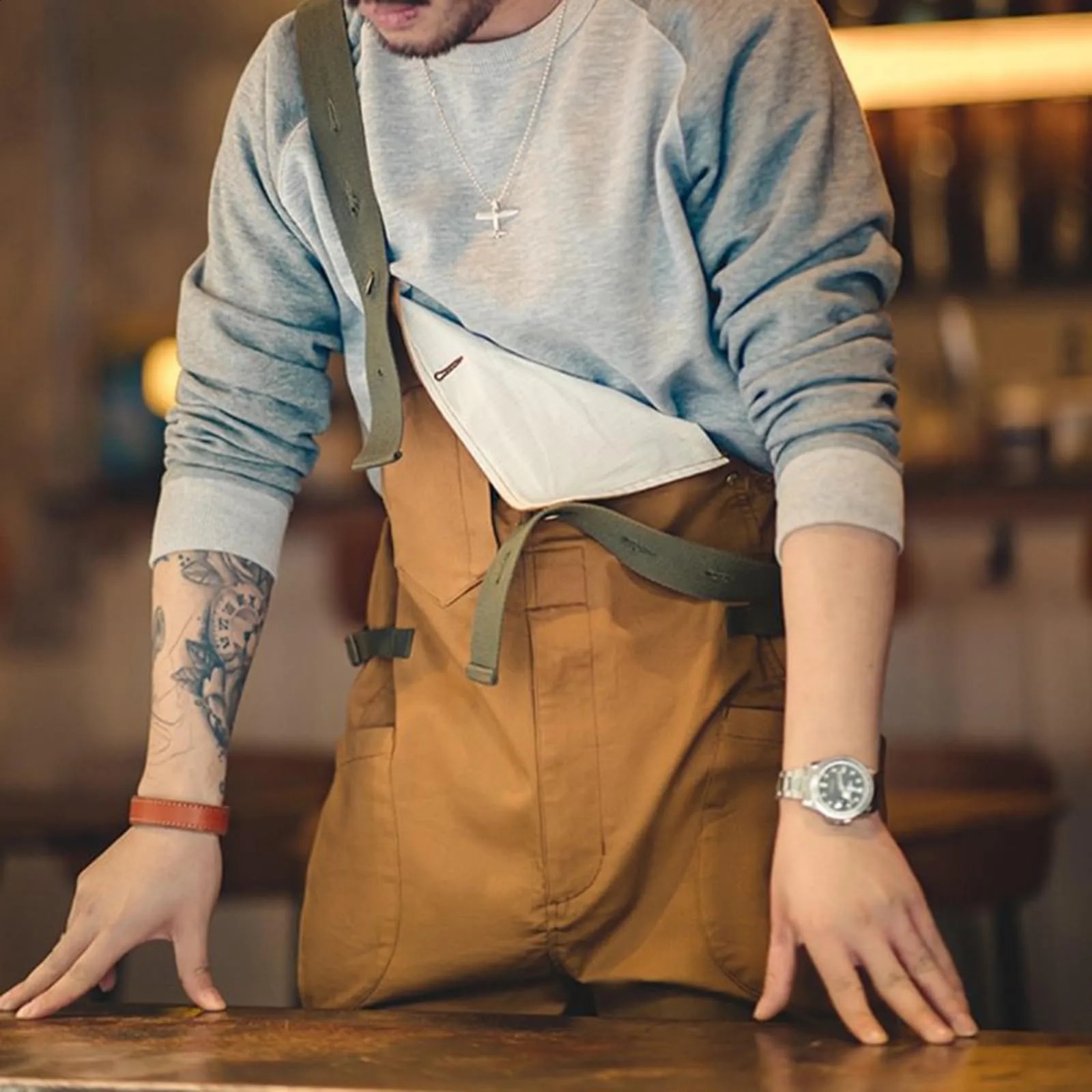 Mens denim bib cover workwear with adjustable shoulder straps stylish jumpsuit cargo pants pockets 240812