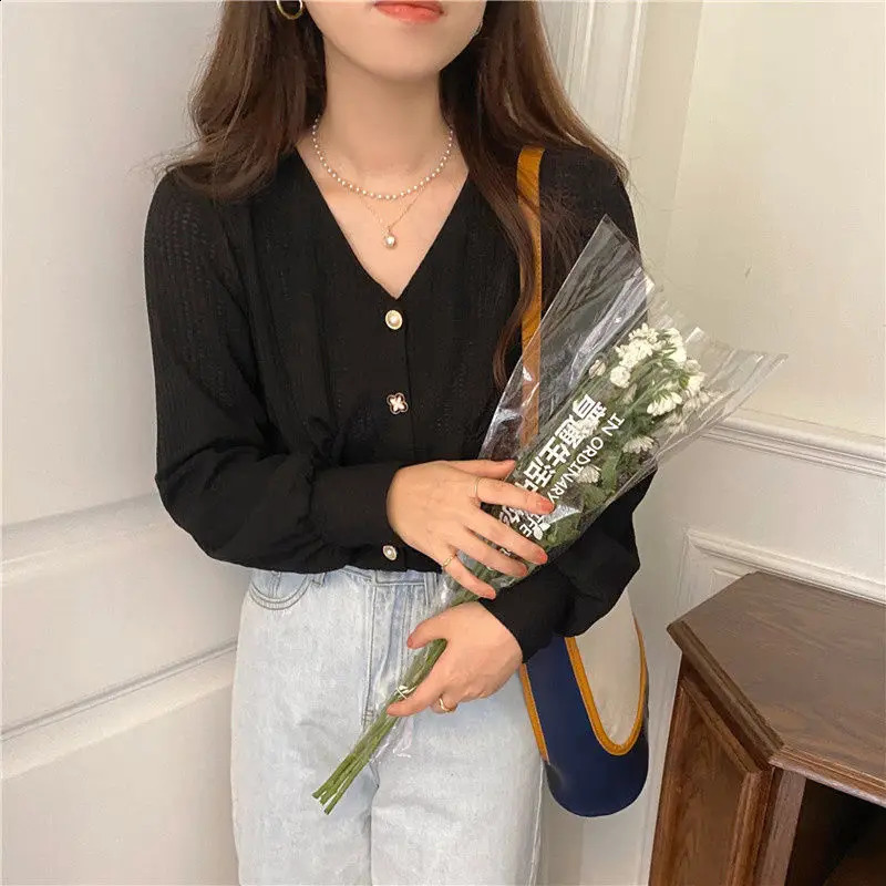 Womens Elegant Fashion V-neck Chic Sweet Buttons Cardigan Coat Spring Autumn Casual Street Solid Long Sleeve Slim Tops Clothing 240812