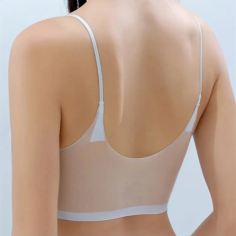 Ultra-thin Ice Silk Padded Bra Seamless Underwear Womens Thin Section Sling Beautiful Back Vest Tops Big Chest Small Sleep Bra 240812