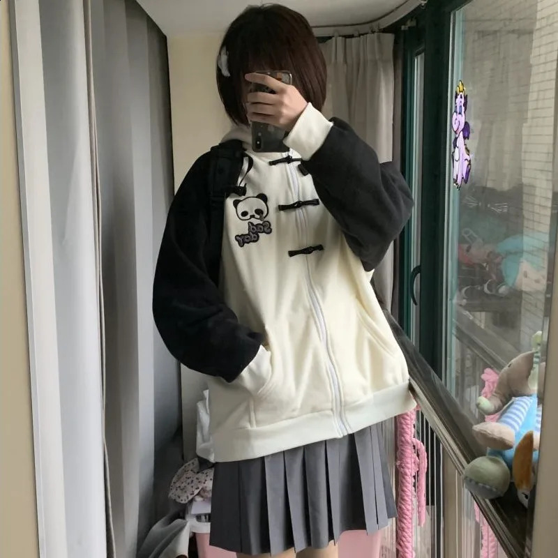 Harajuku Patchwork Chinese Buckle Hoodie Women Kawaii Fashion Zip-Up Streetwear Girls Cartoon Panda Embroidery Cute Sweatshirts 240812