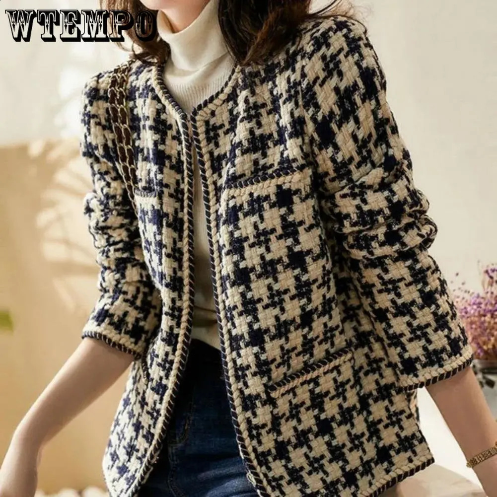 WTEMPO Vintage Early Autumn Tweed Women Jacket Elegant Grid Lady Winter Cardigan Open Front Plaid Outwear 240812