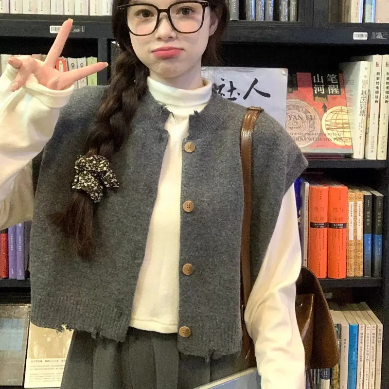 Irregular Vests Women Spring Cropped Knitted Sweaters Button-up Preppy Style All-match Temper Fashion Korean Loose Aesthetic 240812