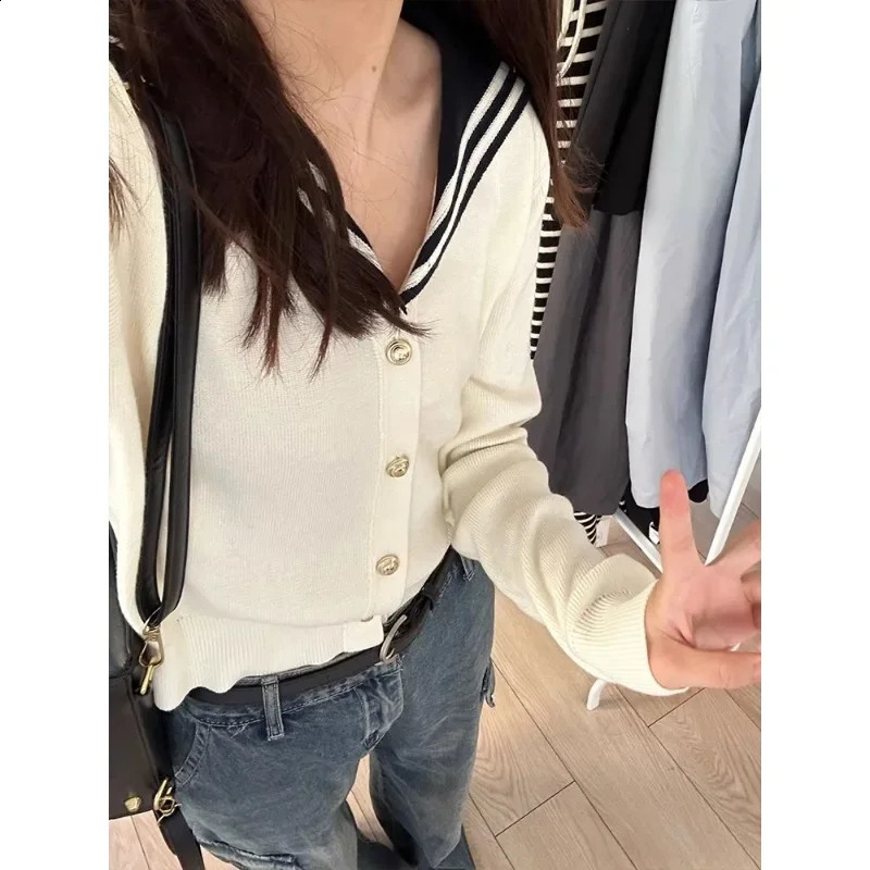 Vintage Sailor Collar Women Cardigan Basic Sweater Korean Style Spring Knitwear White Jumper Japanese Aesthetic F134 240812