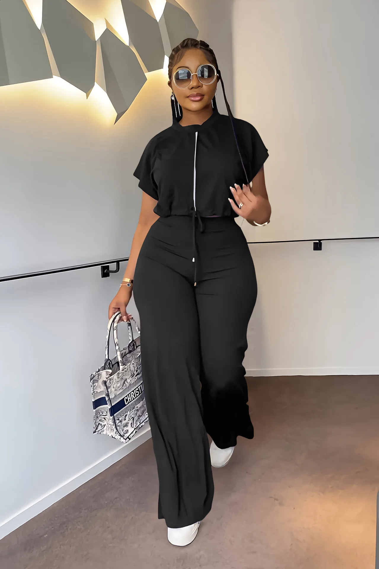 Summer Fashion Sports Style Two Piece Set for Women Casual Drawstring Top Split Wide Leg Pants Two Piece Set Women 240813