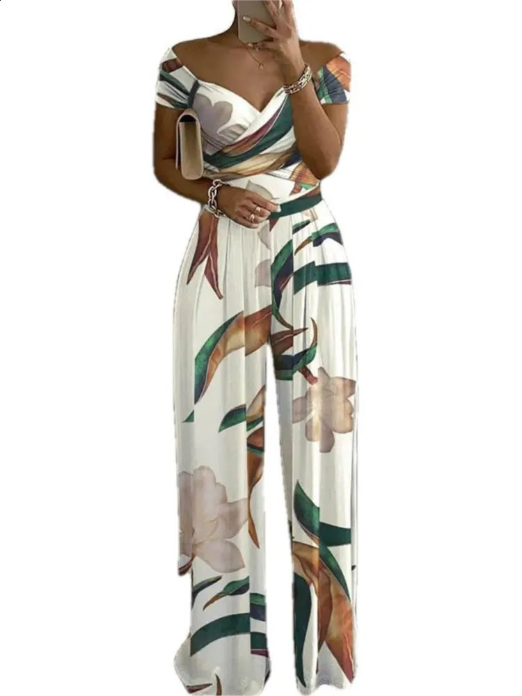 Summer Printed One Shoulder Jumpsuits Women High Waist Short Sleeves Wide Leg Long Pants Slim Jumpsuit Ladies Commuting 240813