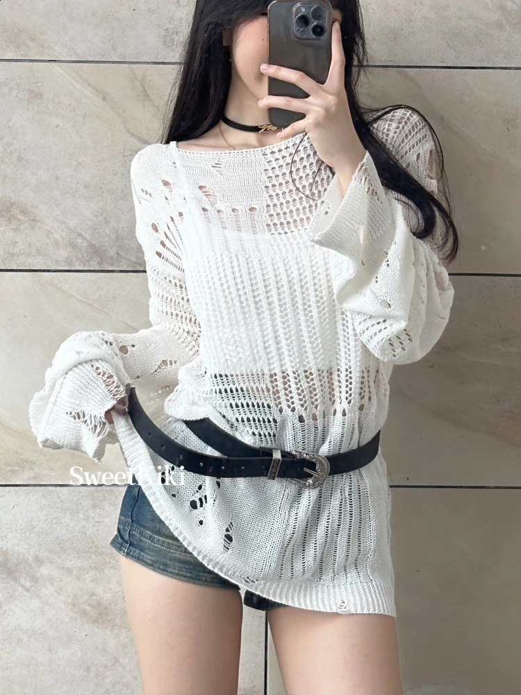 HOUZHOU Y2k Sweater Women Streetwear Hollow Out Loose Knitted Pullovers Balck See Through Long Sleeve Top Gothic Korean Fashion 240812