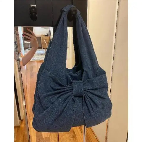JIAERDI Haruku Bow Denim Shoulder Bags Women High Street Girls Large Capacity Tote Bag Female Fairycore Aesthetic Handbag 240813