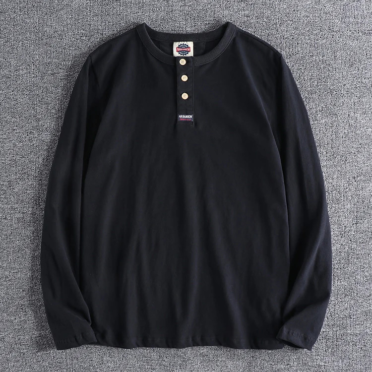 Autumn Japanese Retro Long Sleeve Henry Collar Solid Color T-shirt Mens Fashion Pure Cotton Washed Casual Tops 240812