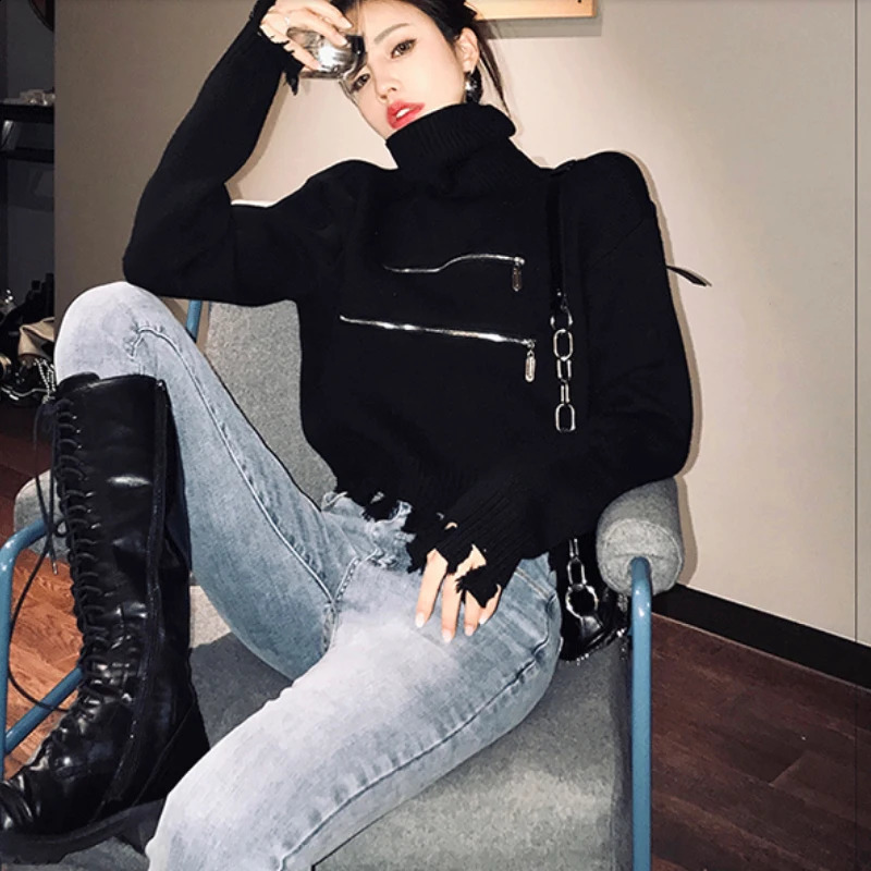 Womens Black Gothic Pullover Knitted Sweater Long Sleeve Sweaters Jumper 90s Korean Y2k Emo 2000s Harajuku Vintage Clothes 240812