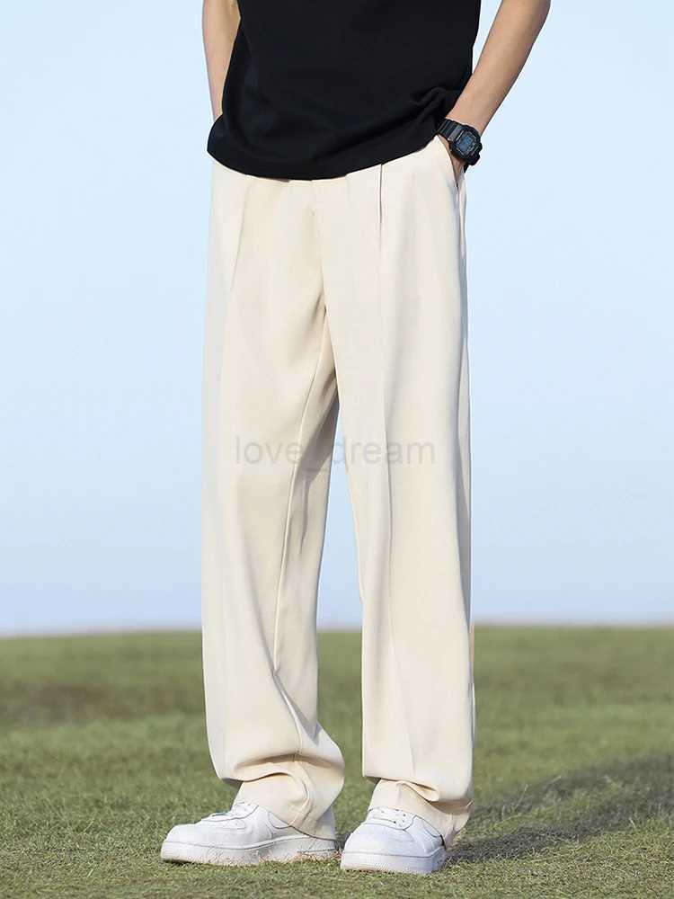 Summer Korean Mens Pants Light Thin Polyester Elastic Waist Semi-Wide Loose Slacks Drape Suit Pants Male Casual TrousersXJ240813