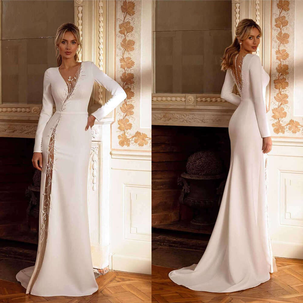 Simple Style Sheath Gown Wedding Dresses Satin Bridal Gowns V-Neck Flowers Pattern Big Vestidos De Novia Custom Size Colour