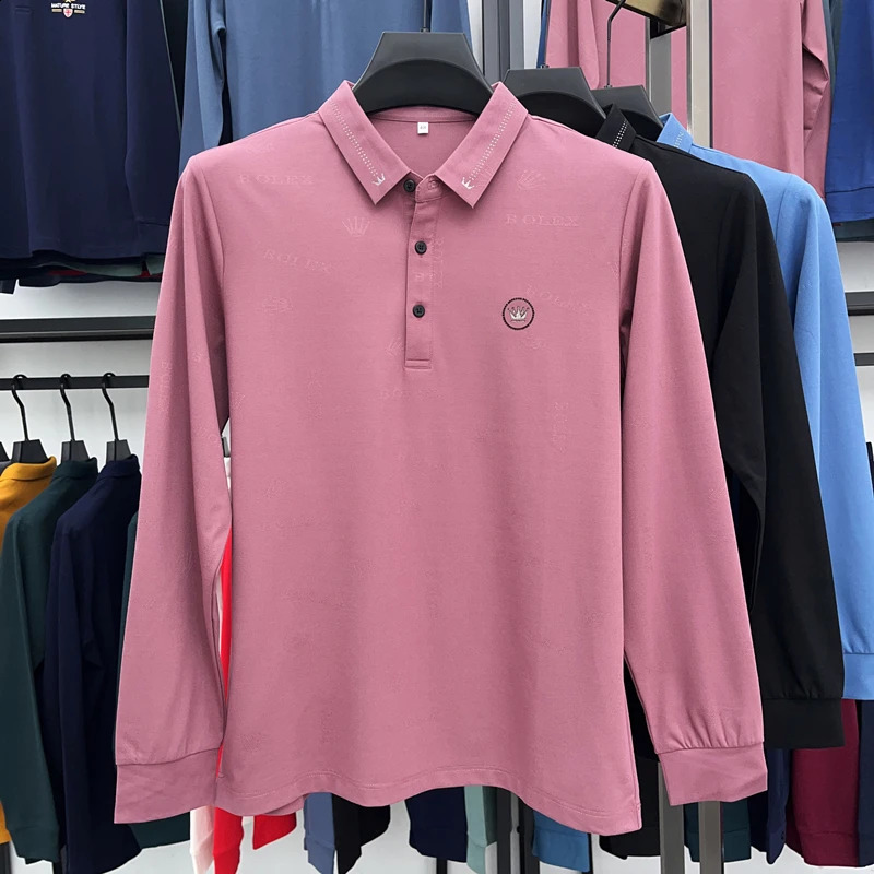 High grade ice silk long sleeve t-shirt mens spring and autumn fashion printed business polo shirt mens casual Lapel top 240820