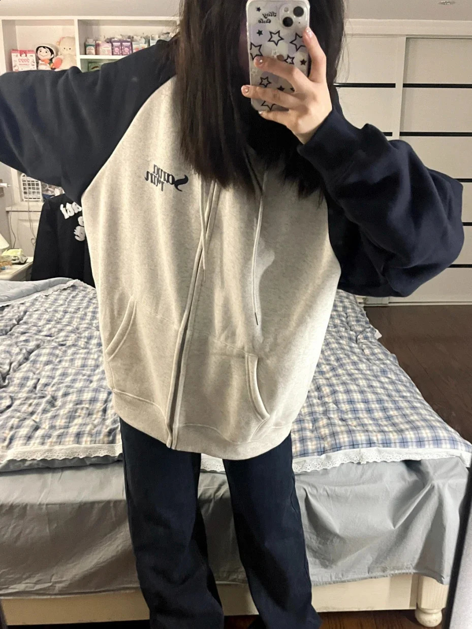 Zip Up Hoodies Women Oversized Harajuku Hooded Sweatshirt Female Autumn Korean Fashion Outwear Vintage Patchwork Coats Ladies 240812