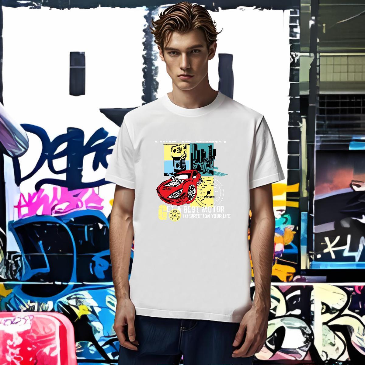 Cool car Men T Shirts Casual Daily Wear Men Clothes T-Shirt 230g Pure Cotton Brand Crew Neck Floral Print Tshirts