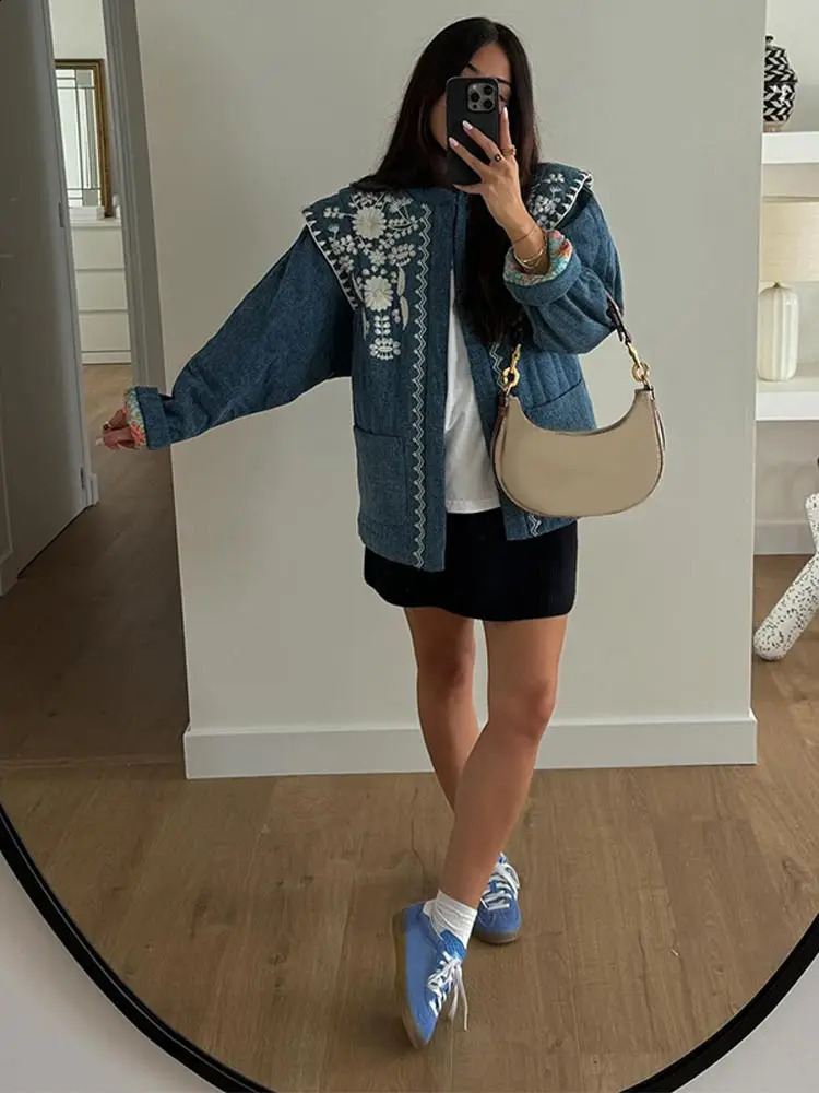 Womens Warm Printed Blue Pocket Cotton Jacket Fashion Round Neck Long Sleeve Casual Clothing 240808