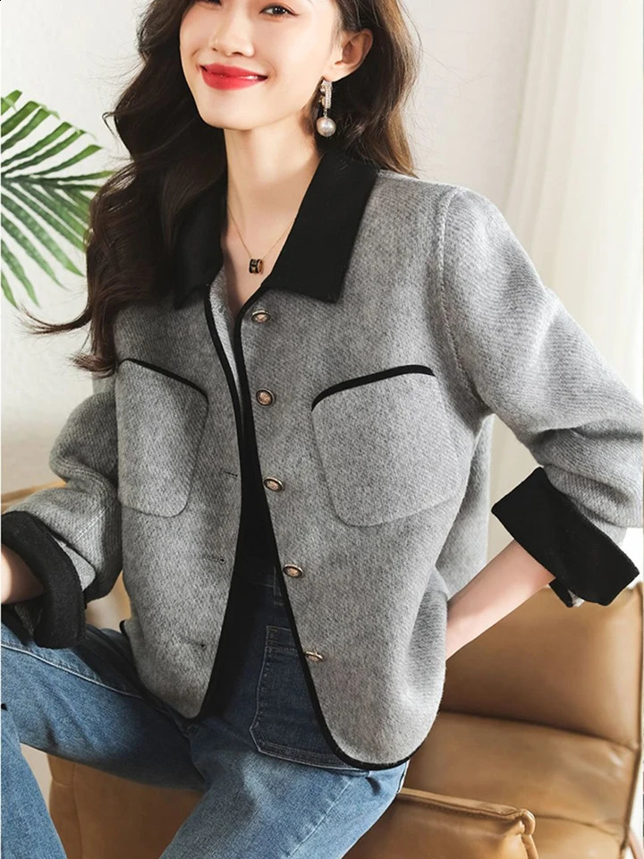 Zoki Elegant Grey Tweed Jacket Women Fashion Buttons Fall Casual Short Coat Korean Office Lady Turn Down Collar Patchwork Tops 240812