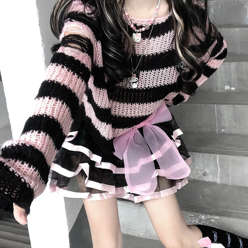 Y2K Pink Striped Gothic Sweaters Women Ripped Holes Loose Knitted Pullover Frayed Fairy Grunge Jumpers Emo Streetwear Lolita 240812