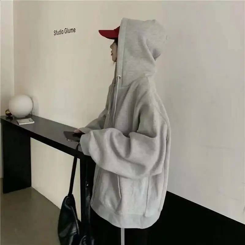 Women Hoodies Solid Color Zip Up Pocket Loose Harajuku Korean Sweatshirts Female Long Sleeve Hooded Streetwear Casual Tops 240812