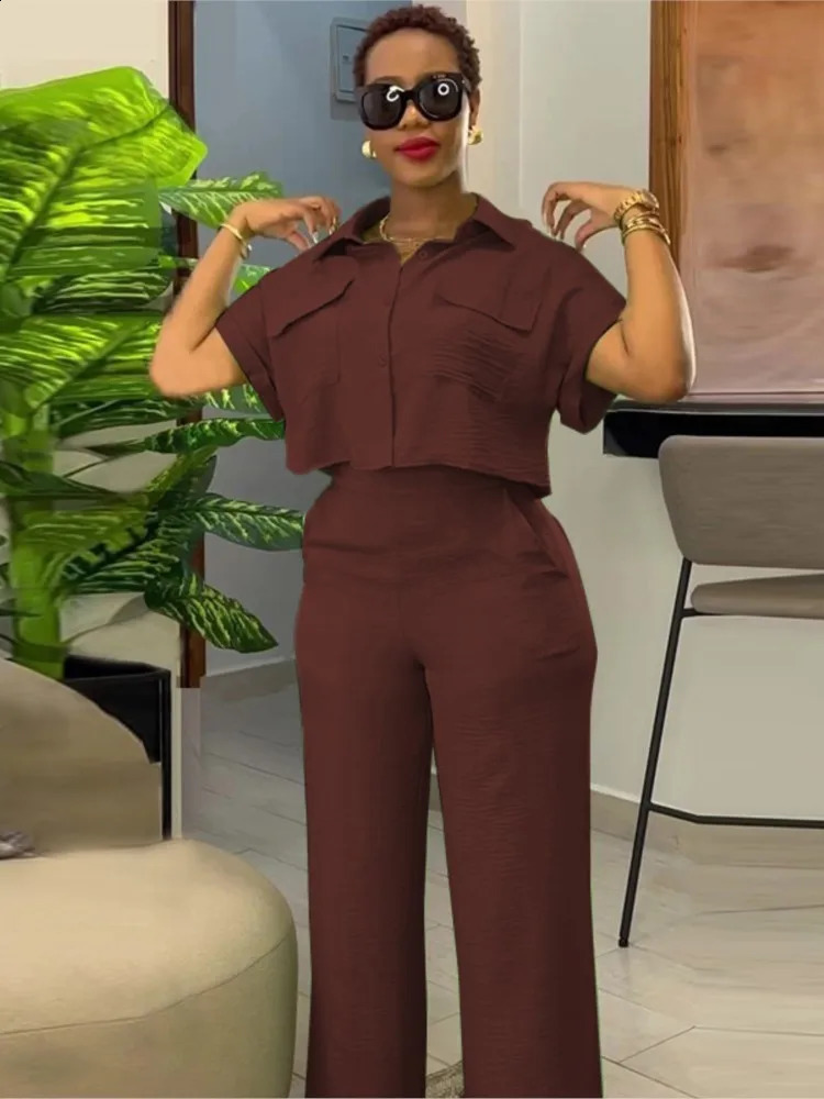 Casual Womens Solid Two Piece Sets Spring Summer Turn-down Neck Short Sleeve Loose Top Wide Leg Pants Set Streetwear Outfits 240813