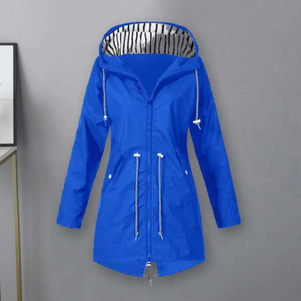 Jacket Coat Stylish Womens Waterproof Rain Jacket with Hood Drawstring Closure Spring Autumn Coat with Side Pockets Zipper Y240810