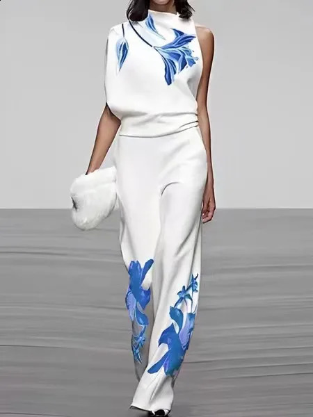Fashion Street Print Two Piece Set For Women Spring Summer Sleeveless Top And Pants Outfits Office Elegant Autumn Suits 240813