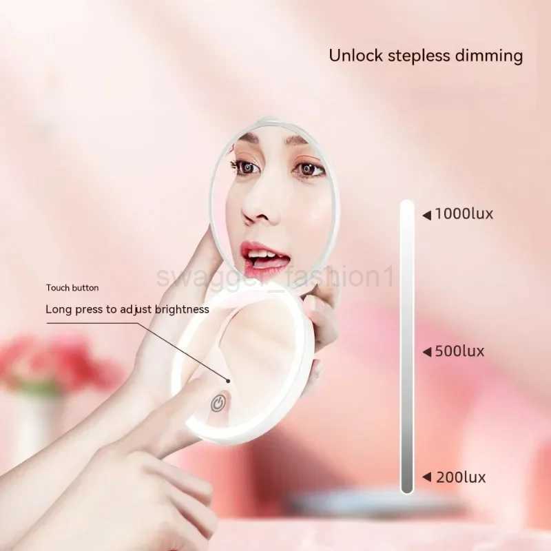 Mini LED Luminous Makeup Mirror Round Portable Foldable Small Compact Mirror with Light USB Handheld Makeup Magnifying MirrorsXJ240813