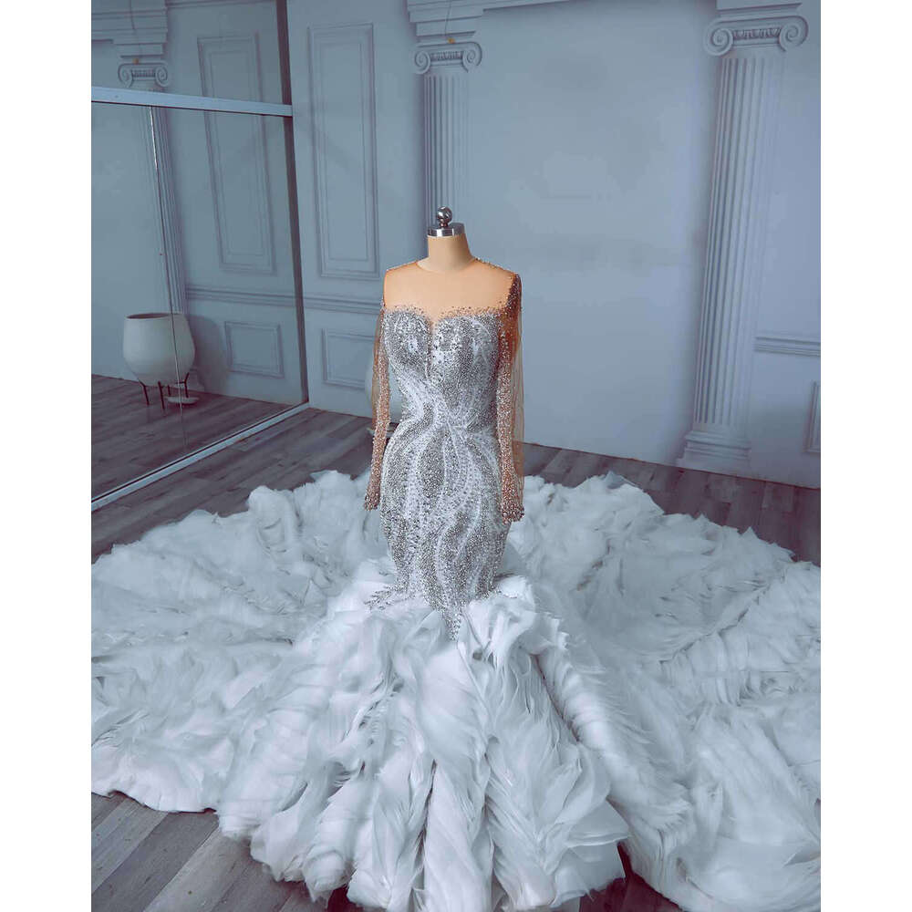 Mermaid Gown Wedding Dresses Ruffles Beading Crystals Long Sleeve Bridal Sweep Train Gowns Big Custom Size Colour
