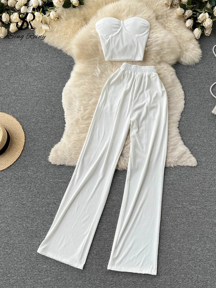 SINGREINY Women Solid Sexy Two Pieces Sets Summer Strapless Slim Camisole Wide Leg Long Pants Sets Streetwear Two Piece Suits 240813