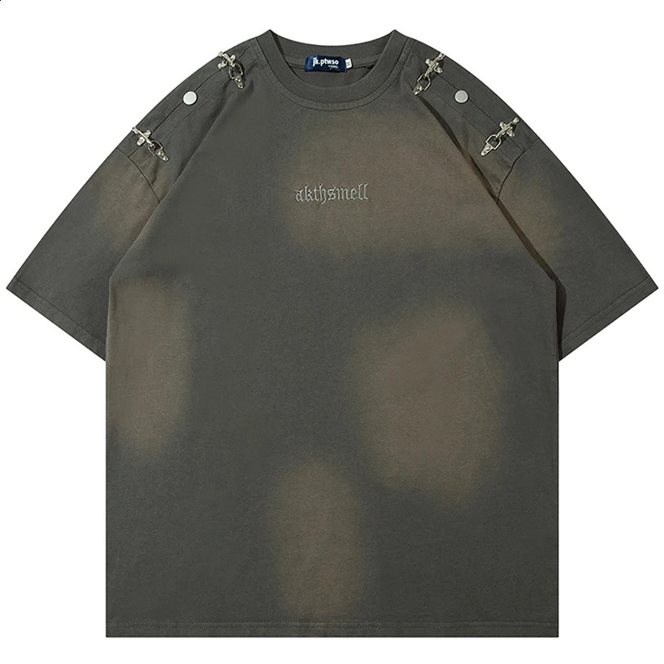 Men Harajuku Vintage T Shirts Streetwear Hip Hop Oversized T-shirts Metal Button Retro Loose Short Sleeve Tee Shirt Male 240812