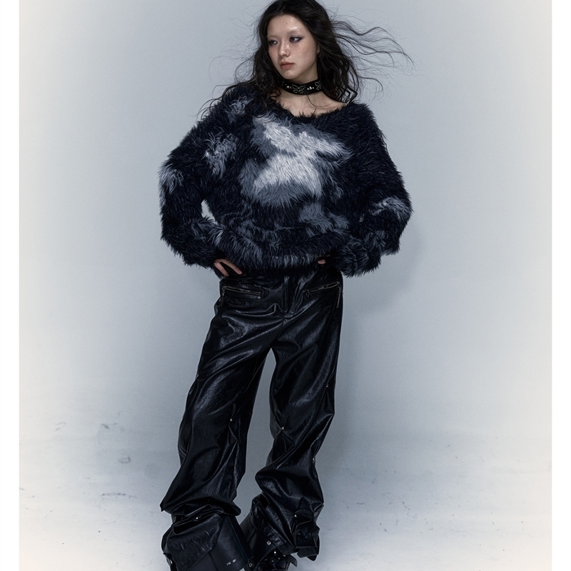 Women Black Gothic Mohair Pullover Knitted Sweater Harajuku Y2k Long Sleeves Sweater Jumper Vintage 2000s Aesthetic Clothes 240812