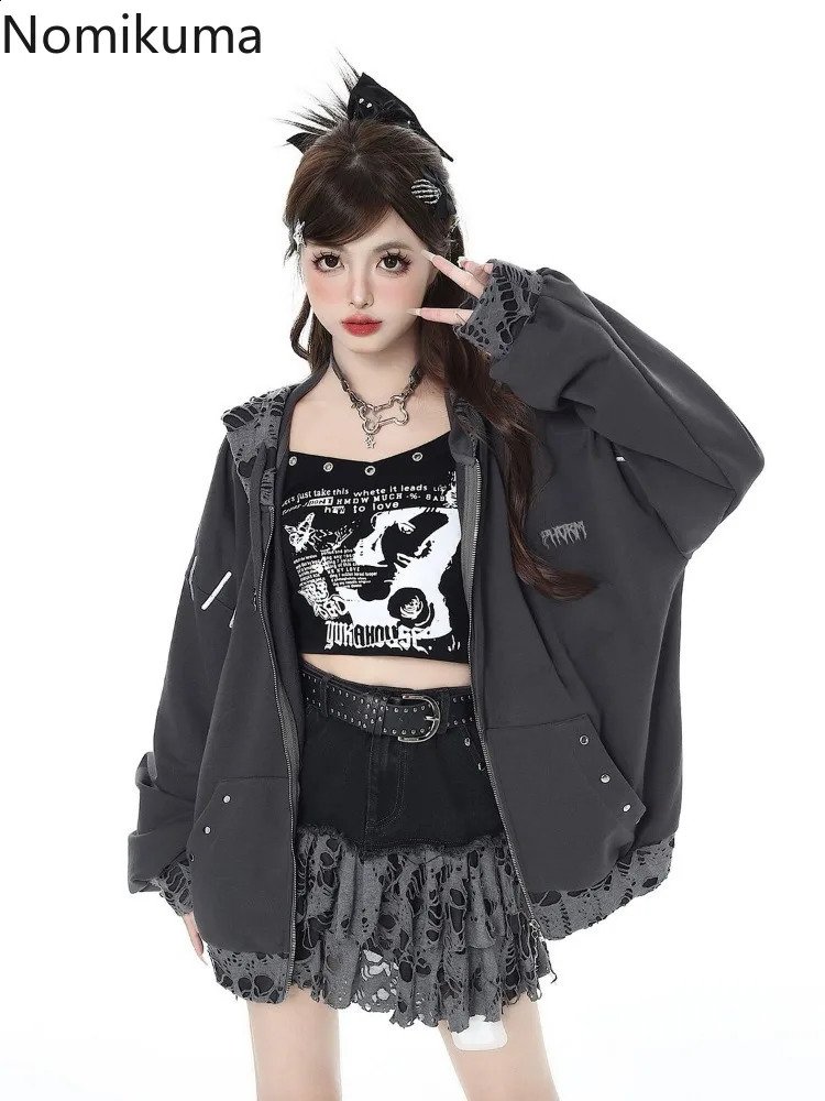 Harajuku Hole Zip Up Hoodies Women Clothing Fashion Japanese Y2k Jackets Ropa Mujer Hooded Casual Oversized Sweatshirts 240812