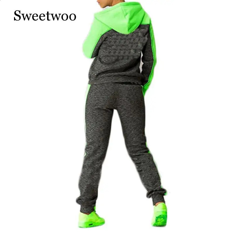 Autumn 2 Piece Set Women Tracksuit Sportswear Casual Sweat Pants Hooded Cropped Sweatshirt Hoodie 240809