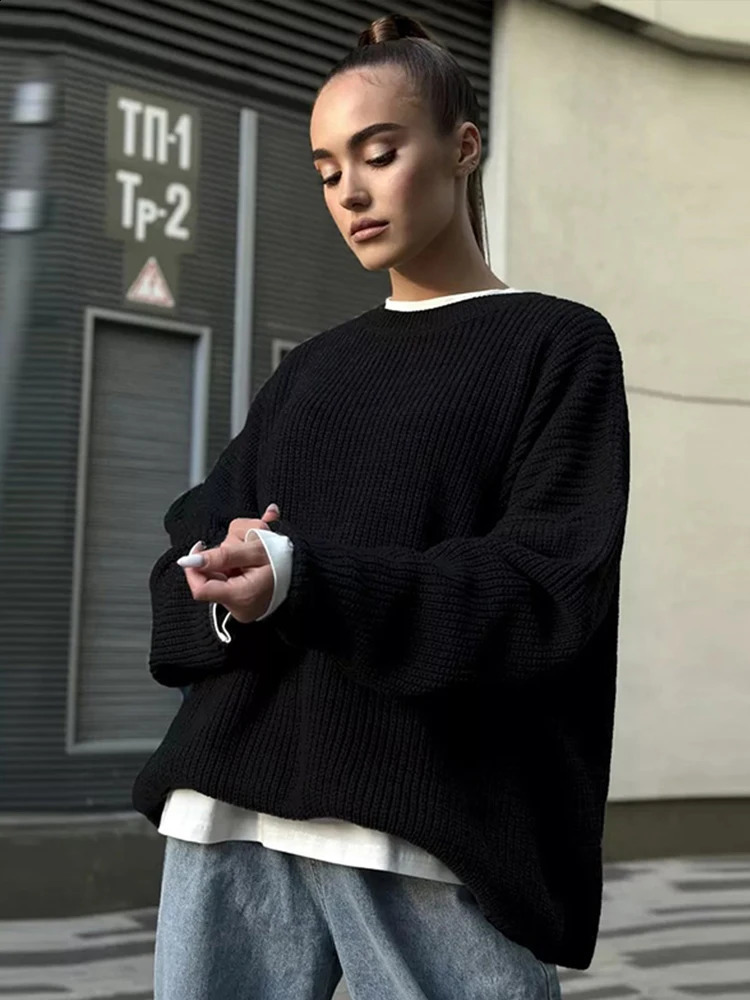 Knitted striped sweater womens loose zipper Oneck full sleeve autumn and winter casual solid competition jumper 240812