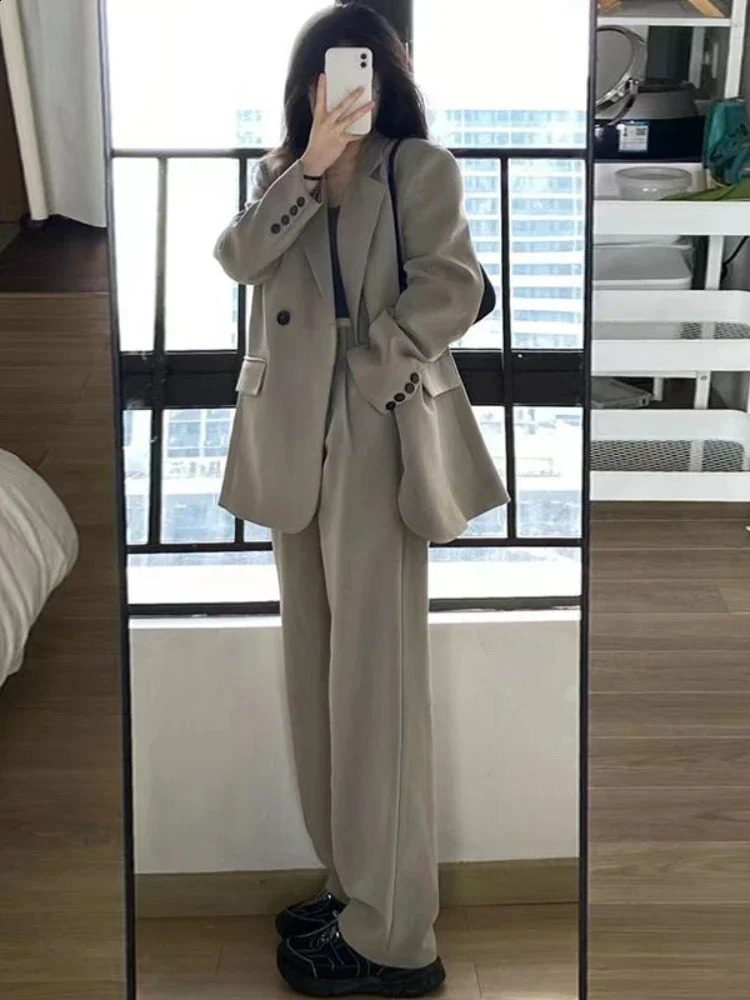 Office Wear Women Blazer Suits Sets Coats Wide Leg Pants Elegant Two Piece Jacket Autumn Coat 240812