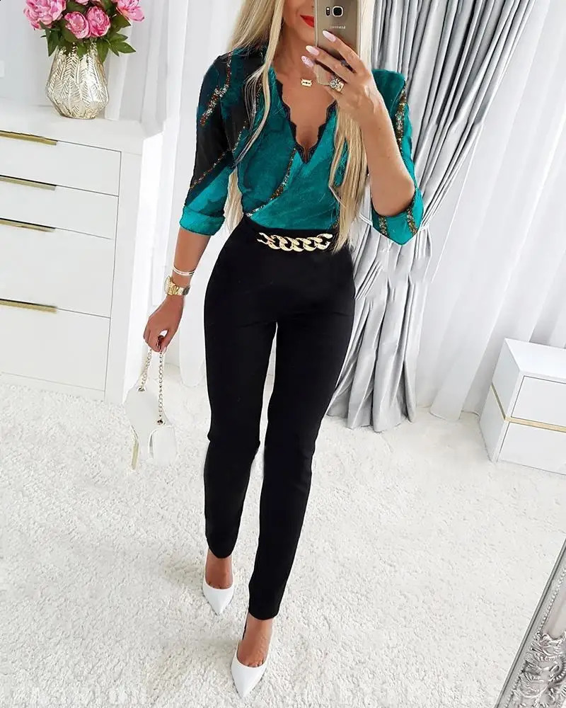 Fashion Jumpsuits Women Elegant Deep V Neck Black Solid Chain Decoration Mesh Patchwork Straight Leg Casual Working Jumpsuit 240813