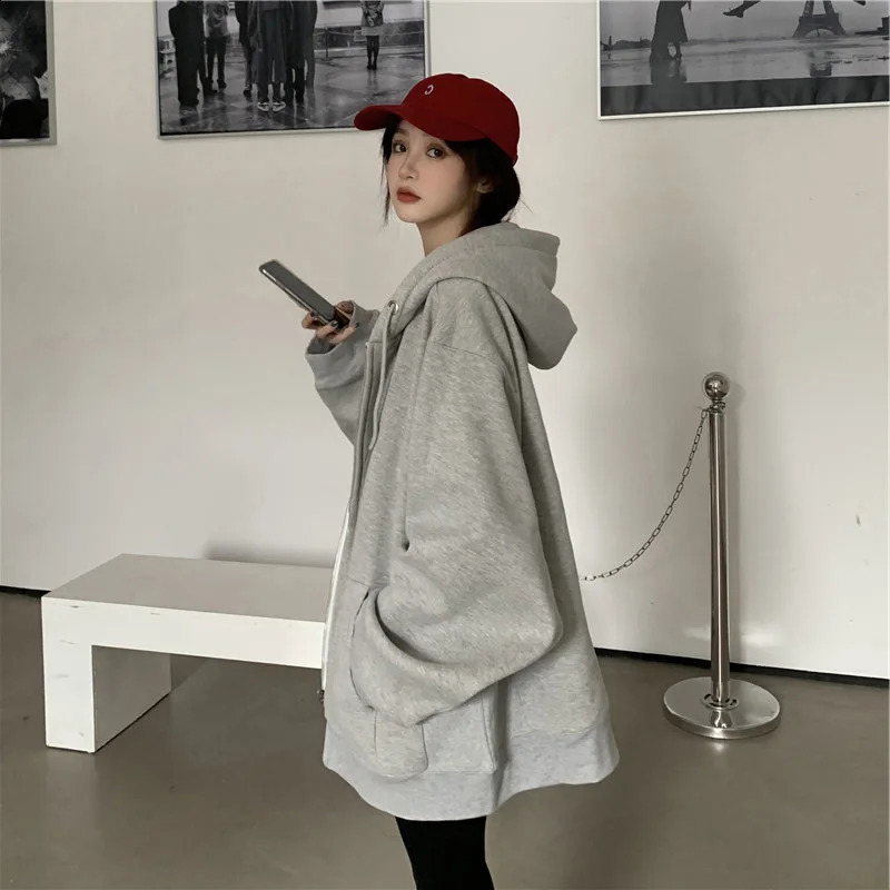 Women Hoodies Solid Color Zip Up Pocket Loose Harajuku Korean Sweatshirts Female Long Sleeve Hooded Streetwear Casual Tops 240812