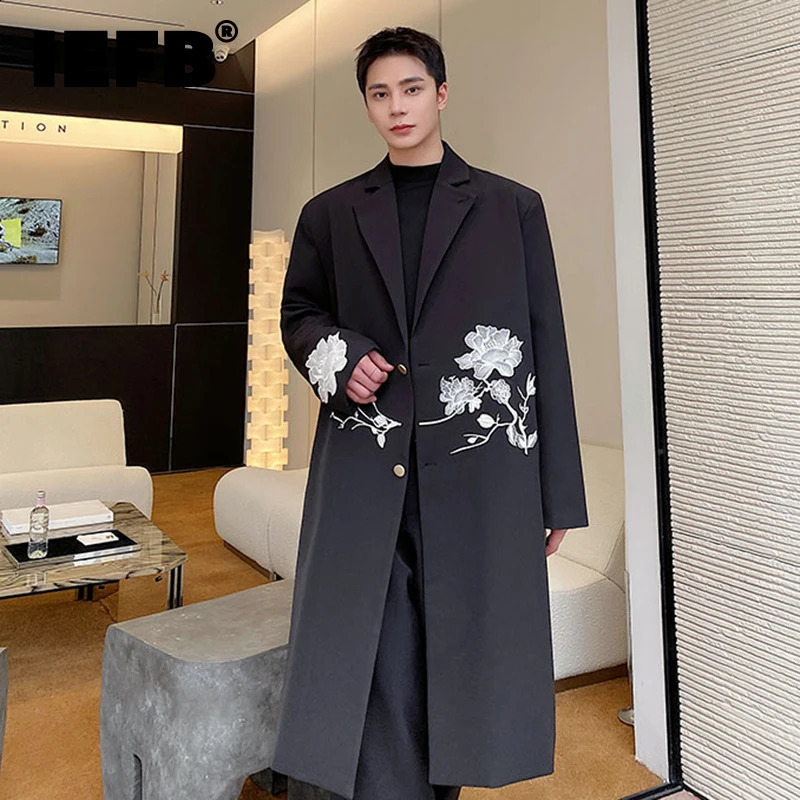 IEFB Men Overcoat Autumn Winter Chinese Embroidery Long Coat Trend Knee High Trench Casual Male Printing Windbreaker 9C1927 240812